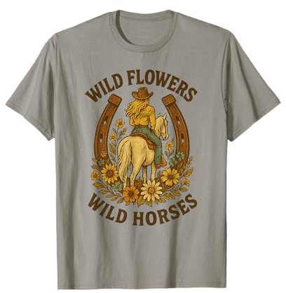 Wild Flowers - Wild Horses Retro Western Cowgirl Reitkunst T-Shirt