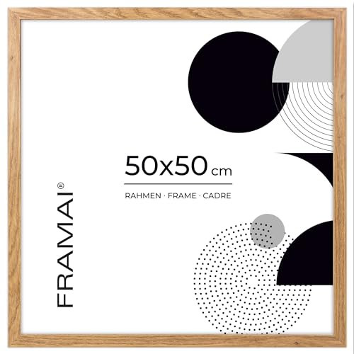 FRAMAI® Bilderrahmen 50x50 cm Eichenfarbe, MDF Umweltfreundlichem Rahmen mit Bruchsicheren Plexi, Aufhänger und Aufsteller