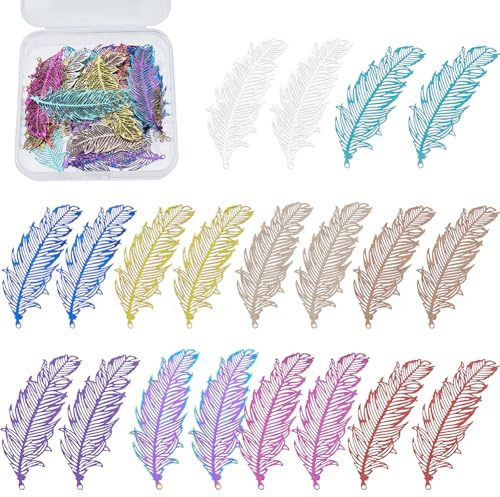 Hobbspring 30 Stück Feder Charms 10 Farben Edelstahl Filigrane Anhänger Filigrane Flügel Charms Regenbogenfarben Metallverzierungen Für Die Herstellung von DIY Armbändern Und Halsketten Schmuck