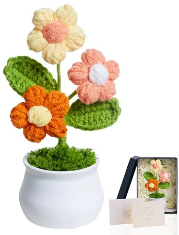 MAIBAOTA Orange Puff Crochet Flowers Handmade Knitted Flower Bouquet | Potted Plants Birthday Gifts for Women Desk Decor