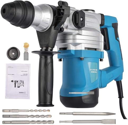 Corded Rotary Hammer Drill, 1500W, 3 Modes, 5 Drill Bits, Blue