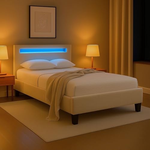 IDIMEX Polsterbett LASHIO mit LED Beleuchtung im Kopfteil 120x200 cm, Cremeweiß – modernes Bett mit Samt Stoffbezug, Jugendzimmer