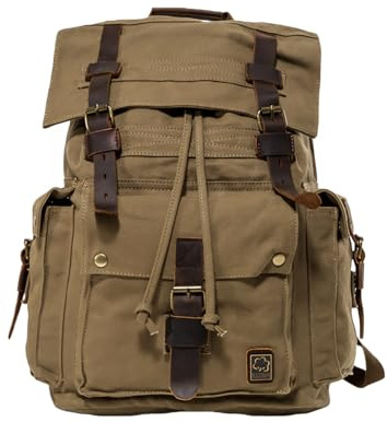 DremFreo Canvas Rucksack mit Lederriemen Vintage-Stil Laptop-Fach Großer Unisex Backpack für Alltag Outdoor 48x33x18cm Khaki/Grün bg509