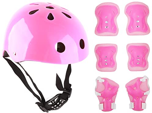 POENVFPO Juego de Casco y Almohadillas para Niños, Equipo de Protección de 6 Piezas para Niños y Niñas con Rodilleras, Coderas y Muñequeras