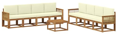 vidaXL Outdoor-Sofagarnitur mit Kissen 9 pcs Natur und Creme Polyester, Moderner Garten-Sofaset, stilvolle Sitzgelegenheit, Akazie Holz Möbel, bequemer Lounge, wetterfest