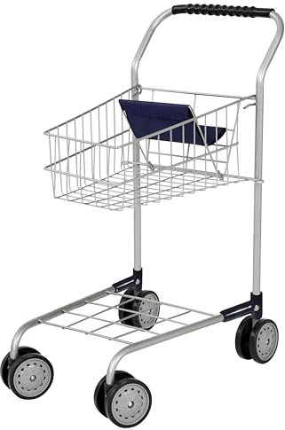 Bayer Design 75001AA Einkaufswagen Supermarkt Kinder, Silber, aus Metall, integrierter Sitz, Doppelräder, Kaufladenzubehör