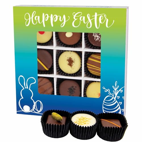 Hallingers Genuss Manufaktur Pralinen Oster-Geschenk - mit & ohne Alkohol, handmade aus Edelkakao in wertiger L-Geschenkbox Happy Easter, Ostern Körbchen für Frauen Männer