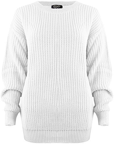 SA Fashions® Oversized New Ladies Womens Chunky Baggy Jumper Knitted Sweater Thick Top S-XL 8-18 (LXL (16-18), White)