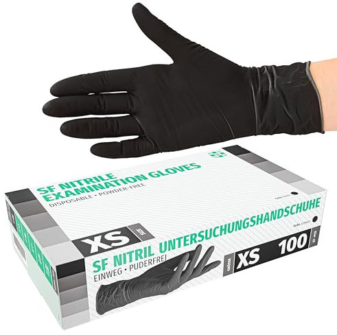 SF Nitril Einweghandschuhe XS Schwarz, 1000 Stück/Karton, Nitrilhandschuhe, dehnbare Einmalhandschuhe aus Nitril, puderfrei, latexfrei, Rissfest, Gummihandschuhe