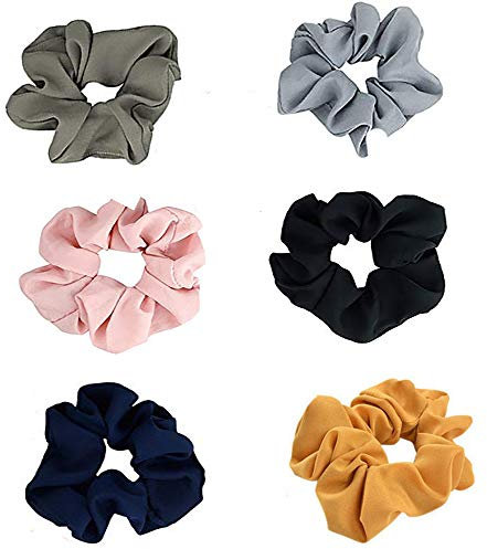 Haargummis Elastische Chiffon für Damen, 6 Farben Weich Elastisch Scrunchies Haarbänder Bunt Pferdeschwanzhalter haar band für Damen Frauen Mädchen Haarschmuck, Schwarz, Grau, Blau, Rosa, Grün, Gelb