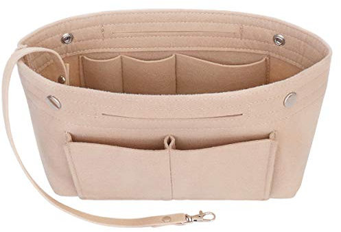 Joqixon Bag Insert Organizer, Felt Handbag Organizer with 15 Pockets, Folding Tote Bag Organiser Insert Zipper Bags for Longchamp(Beige, L)