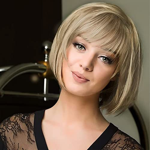 Queentas Perücke Blond Kurz Bob Frauen Kurzhaarperücke Damen Perücken Kurzhaar Blond mit Pony Glattes Synthetisches Haar Perücke für Helloween Karneval,Hellblond,25cm(10 Zoll)