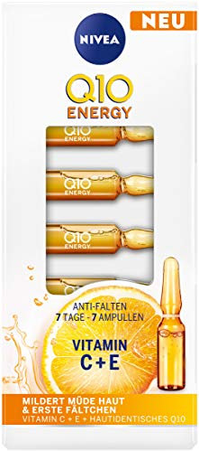 NIVEA Q10 ENERGY Anti-Falten 7 Tage – 7 Ampullen (7 x 1 ml), Gesichtskur mit 100% hautidentischem Q10, Vitamin C und Vitamin E, Gesichtspflege mildert Fältchen und müde Haut sichtbar