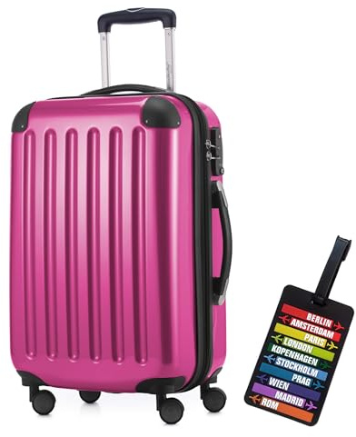 Hauptstadtkoffer - Alex Handgepäck Kabinentrolley Bordgepäck Hartschalen-Koffer, sehr leicht, TSA Zahlenschloss, 55 cm, 42L, Magenta + Design Kofferanhänger
