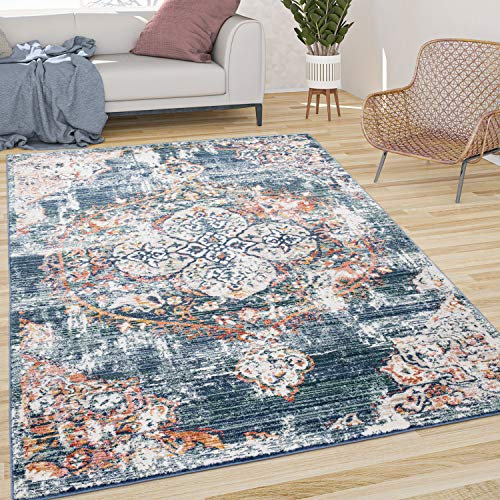 Paco Home Teppich Wohnzimmer Kurzflor Vintage Moderne Orient Optik Abstrakt Blau Beige, Grösse:120x170 cm