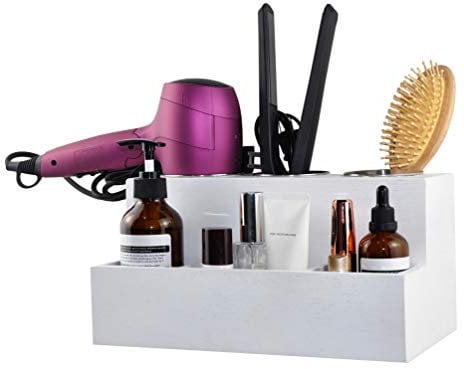 Eitida Hair Tools Organizer, Hair Dryer Care Styling Straightener, Flat Iron, Curling Wand, Brushes Holder, Caddy Storage for Vanity & Bathroom, Wall Mount or Sit on Counter, Solid Wood in White