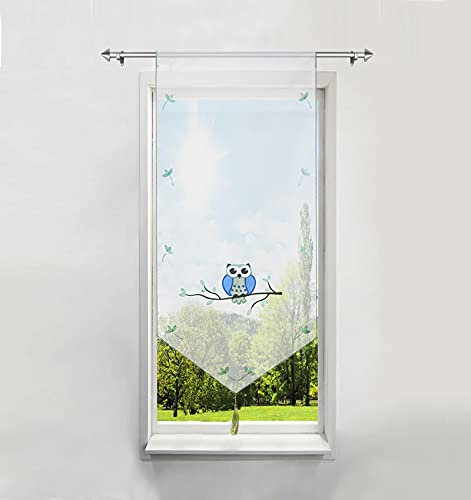 1Pièce Rideau Brise-bise LxH/60x120CM en Polyester Transparent Broderie Hibou Bleu avec Pompon Rideaux Courts Décoration de Fenêtre