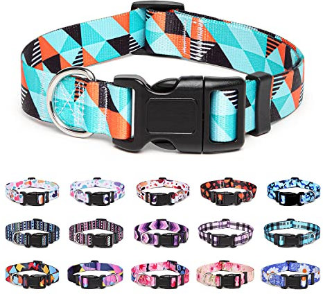 Suredoo Collar Perro, Ajustable y Resistente con Patrones de Moda, Collar Nylon Cómodos para Perros Pequeños Medianos Grandes, Cachorros (M (Cuello 33-55cm, Ancho 2cm), Geometría)