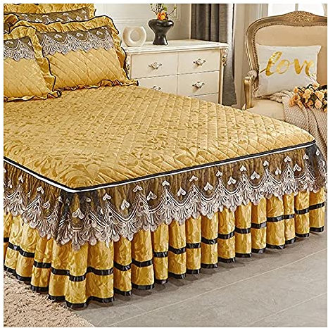 RTSFKFS Bettrock Tagesdecke Bettlaken Betttuch 3-teiliges Set Bett Abdeckung Bettrock Samt 150x200cm/180x200cm/120 x 200 Bettrock Rüschen-1 Bettrock +2 Kissenbezüge Matratzenbezug Schutzhülle