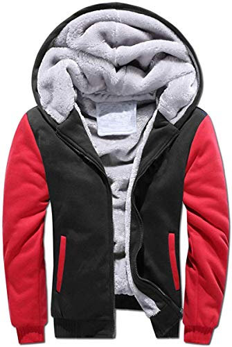 VSUSN Herren Kapuzenpullover mit Reißverschluss, Langarm Kapuzenjacke, Winter Warm Fleece-Innenseite Sweatshirt, Plus Dicke Fleecejacke, Sweatjacke Mit Kapuze(Schwarz&Rot, 5XL)