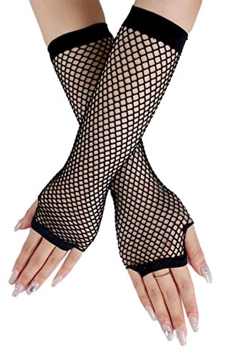SamHeng Lange Netzhandschuhe, Weiß fingerlose Armstulpen, Mesh-Kostüm Handschuhe, Kostüm-Punk-Accessoire für Frauen, Mädchen, Kinder, 80er-Jahre-Kostüm, Abendparty-Zubehör