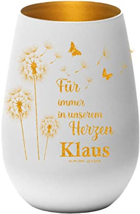Trauerlicht - Für Immer in unserem Herzen Gravur mit Namen und Datum - Gedenklicht Erinnerungslicht Grablicht Trauergeschenk Sternenkind (weiß/Gold)