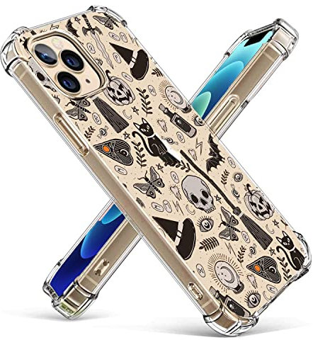 Vesidurt Black Halloween Clear Case for iPhone 12 Pro Max,Pumpkin Skull Bat Collage,Trendy Transparent Soft TPU Bumper Case for iPhone 12 Pro Max