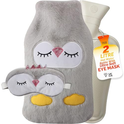 LKH Hot Water Bottle with Cover UK & Soft Eye Mask 2L Hot Water Bottle Includes Eye Mask Hot Water Bag for Hot & Cold Compress Washable Knitted Cover Relieves Body Aches & Pains Ideal GFT for Her