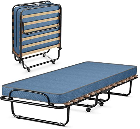 LIFEZEAL Klappbett, Klappbares Gästebett im Metallrahmen, Faltbares Einzelbett mit Matratze aus Memory Foam, Erwachsene Metallbett auf 4 Rädern (190 x 80 x 33 cm, Blau)