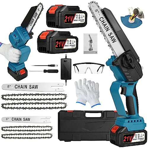 Yemetey Mini Chainsaw Cordless 8 inch and 6inch,2-in-1 Portable Brushless Chainsaw with 2Pcs 3.0Ah Battery,Handheld Small Chain Saw for Garden Pruning Branch Shears Wood Logs Cuts(Blue)