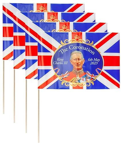 4 X Union Jack Flaggen Auf Stäbchen King Charles D-Day Jubiläum Hand Wehende Flagge UK Strasse Partei Dekorationen Sammlerstück