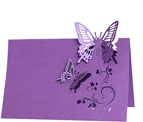 MoreChioce 50 Stück Schmetterlings Design Namenskarten Hochzeit Hohl Hochzeitstisch Tischkarten für Geburtstag Verlobung, Dunkellila