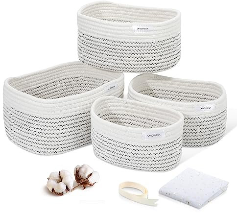 LA BONHEUR Aufbewahrungskorb Korb Baumwollseil Geflochten 4er,Körbe Aufbewahrung Bad Wickeltisch Organizer Flechtkorb Baby Erstausstattung Neugeborene Wickeltisch (Geschenkverpackung Star Gaze Band)