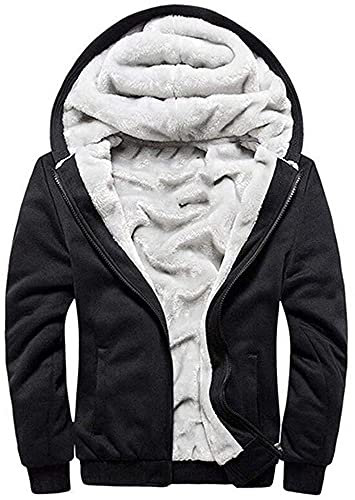 LEZUAN Felpa con Cappuccio Uomo Inverno Caldo Hoodie con Cerniera Integrale Felpe Uomo Manica Lunga Pullover Giacca di Spessore Cappotto in Pile Foderato(Nero,M)
