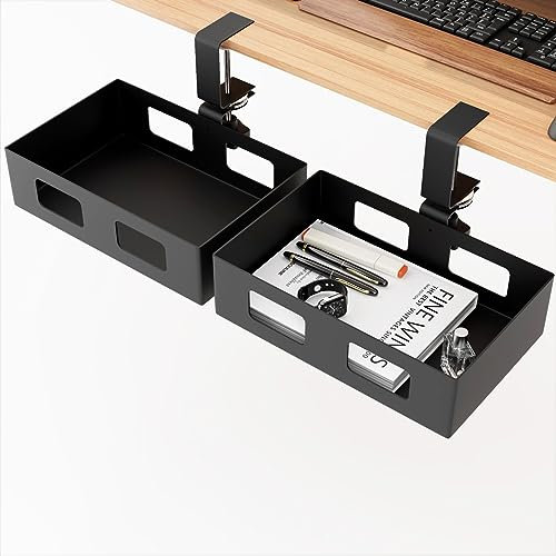 Gaxomo 2 Stück Klemm-Schreibtisch-Organizer, unter dem Schreibtisch, versteckte Schublade mit Kabelloch, drehbarer Metallkorb für mehr Platz auf dem Schreibtisch