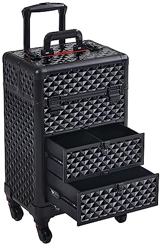 Yaheetech Valigetta Trucchi Trolley Make Up Valigia con 2 Cassetti Ruote Girevoli 360° Beauty Case da Viaggio Rigido Per Estetista Professionale 34,5×24,5×58 cm Nero