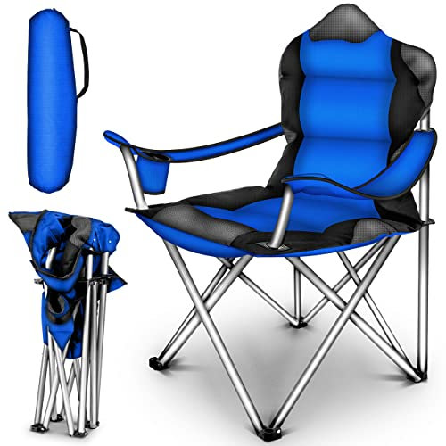 TRESKO® Silla de Camping Plegable y transportable | hasta 150 kg | Silla de Pesca portátil con reposabrazos y portabebidas (Blue)