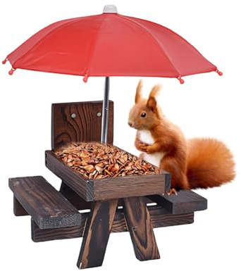 MEGYAD Eichhörnchen Futterhaus Eichhörnchen-Feeder: Wetterfest Eichhörnchen Picknicktisch Holz zum Hängen, Eichhörnchen Futtertisch mit Regenschirm und Maisständer, für Garten Balkon