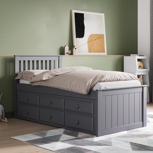 Flair Furnishings - Grey Single Bed with Pull Out Trundle, Wooden Guest Bed with Storage, Distinct and Stylish, Durable and Long Lasting