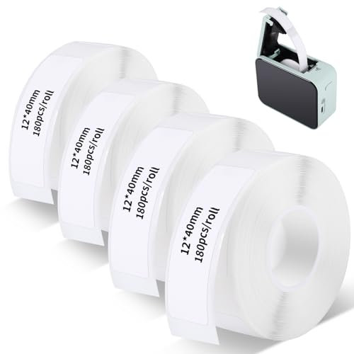 Hemiks 4 Rollen Klebeband für Etikettierer, 12 x 40 mm, selbstklebend, Thermoetiketten, Klebeband für Etikettierer P15/P12/P11/D30/L12, 180 Etiketten/Rolle– Weiß