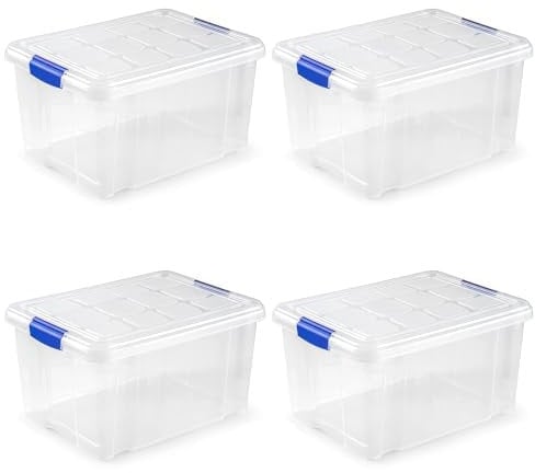 KINGNET Cajas Almacenaje Plástico con Tapa y Cierre a Presión, Cajas Oranizadoras Transparente, Perfecta para Almacenar Ropa, Juguete, Libro y Productos de hogar (Nº2-25Litros, Pack 4 unidades)