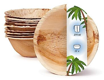 onlyleaf Palmware - umweltfreundliches Einweggeschirr aus Palmblättern I 25 Stück Palmblatt Schale rund 275ml Ø13,5cm I Salat-Schüssel Dipschalen Suppenschale Servierschale Snackschale