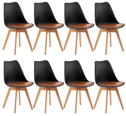 EGGREE 8er Set Esszimmerstühle mit Massivholz Buche Bein SGS Geprüfter, Skandinavisch Design Gepolsterter aus PU-Leder Küchenstuhl Essstühle, Schwarz & Braun