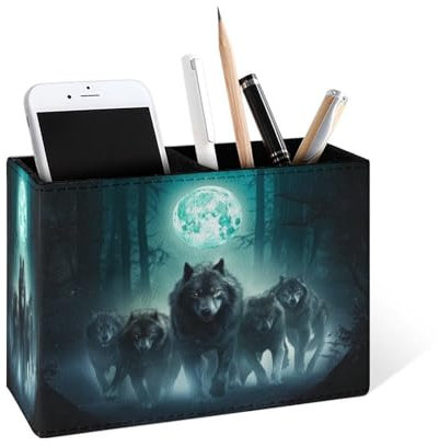 Famame Loup Night Moon Pot à crayons en cuir pour bureau, bureau, maison