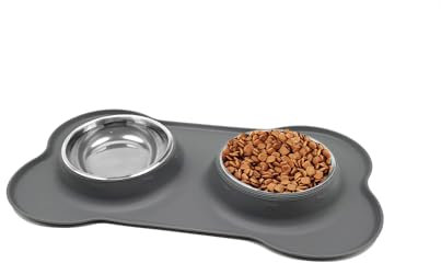 Dog Bowls, Puppy Bowl YOKA Double Stainless Steel Dog Bowl with Non-Spill & Non Slip Silicone Mats Tray, Cat bowls for Cats Puppies Small Dog Food Water Feeding (Each Bowl 200ML*2,Grey)