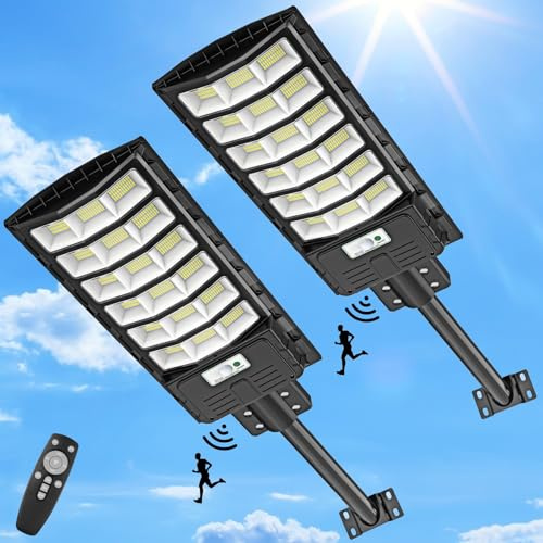 Bellanny 2 Pack 600W Solaire Exterieur Lampadaire 594LED Lampe Solaire Exterieur avec Capteur de Mouvement 6500K Projecteur Solaire Exterieur avec TéLéCommande IP65 Impermable Pour Rue Garage