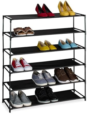 Relaxdays Schuhregal, mit 6 Ebenen, Metall Schuhablage, Stoff Ablage, Schuhgestell für den Flur, Schuhständer, schwarz