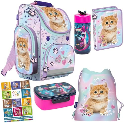 Goldkids - Schulranzen für Jungen und Mädchen, 6er-Set - Schul-Rucksack für Kinder mit Federmäppchen - Schuhbeutel und Hausaufgabenheft - Katze Motiv - 1-3 Klasse