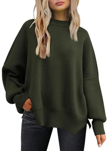 Tincini Pullover Damen Strickpullover Winter Rundhals Pulli Herbst Lose Sweatshirt Warm Fledermaus Langarmshirt aus Strick Seitlichem Schlitz Oberteile (Armeegrün, XXL)
