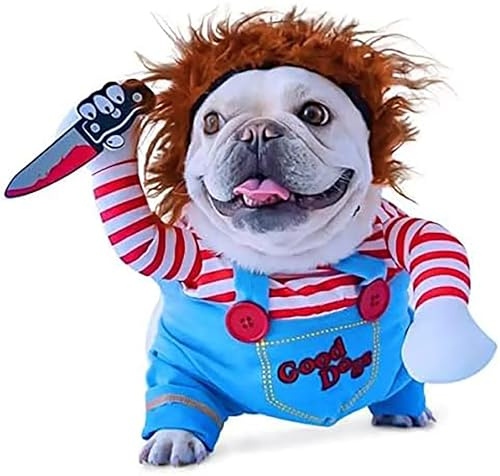 3PCS Halloween Chucky Dog Costume Outfit for Small Medium Pet Cat Puppy M | Funny Dog Clothes, Wig and Knife Prop, Padded Arms, Secure Back Straps, Elastic Chin Strap, Easy to Wear, Fancy Dress Cosplay